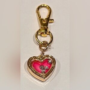 Gold and Pink Heart Charm in 3D with Rhinestones and Keychain Clasp
